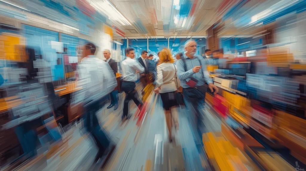 A vibrant, abstract impressionistic painting capturing a dynamic office environment in constant, blurred motion, depicting the essence of performative busyness.