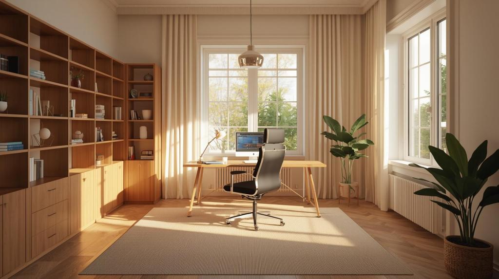 A serene, naturally lit home office space bathed in warm sunlight, meticulously organized with a minimalist aesthetic, featuring ergonomic furniture, soft ambient lighting, and subtle touches of greenery, symbolizing a smoothly functioning and encouraging environment.