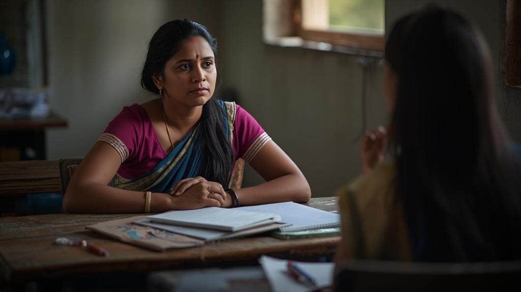 A candid, documentary-style photograph captures a south Indian woman, a school administrator, seated at a wooden table. Notebooks are open before her, and she is attentively listening to a female teacher. The scene is illuminated by soft, natural light, creating a calm and respectful atmosphere.