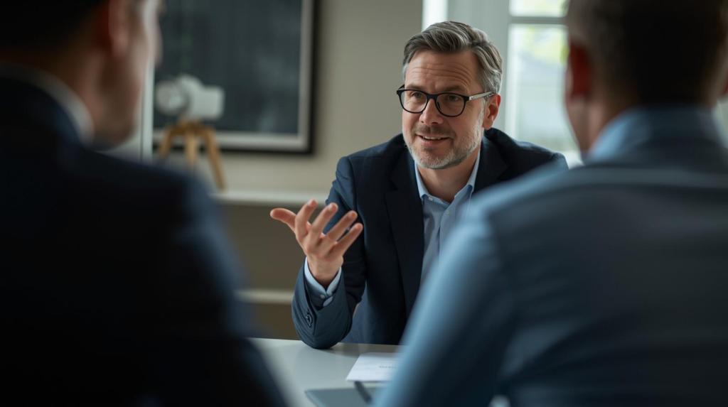 A candid, realistic photograph capturing a consultant in a relaxed posture, gesturing thoughtfully to explain ideas to a client seated across a table. The scene is illuminated by soft, natural light, creating an authentic atmosphere without staged smiles.