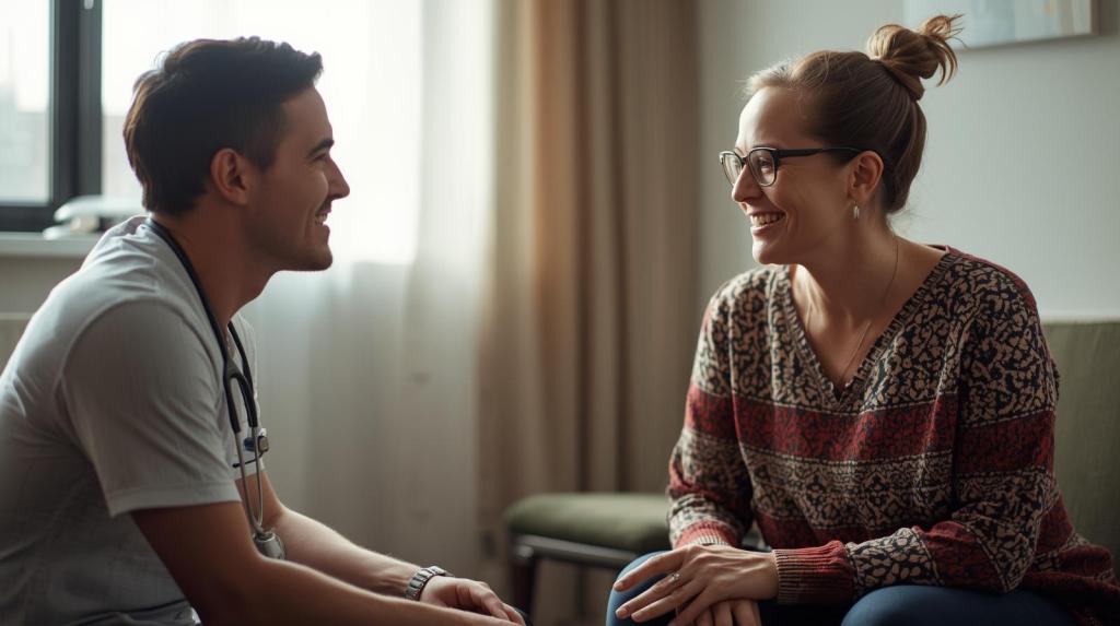 A candid, realistic photograph capturing a healthcare provider speaking calmly with a patient. They are seated at eye level in a comfortable, well-lit room bathed in natural light. The interaction is genuine, with no forced or staged smiles, emphasizing a focused and empathetic exchange.