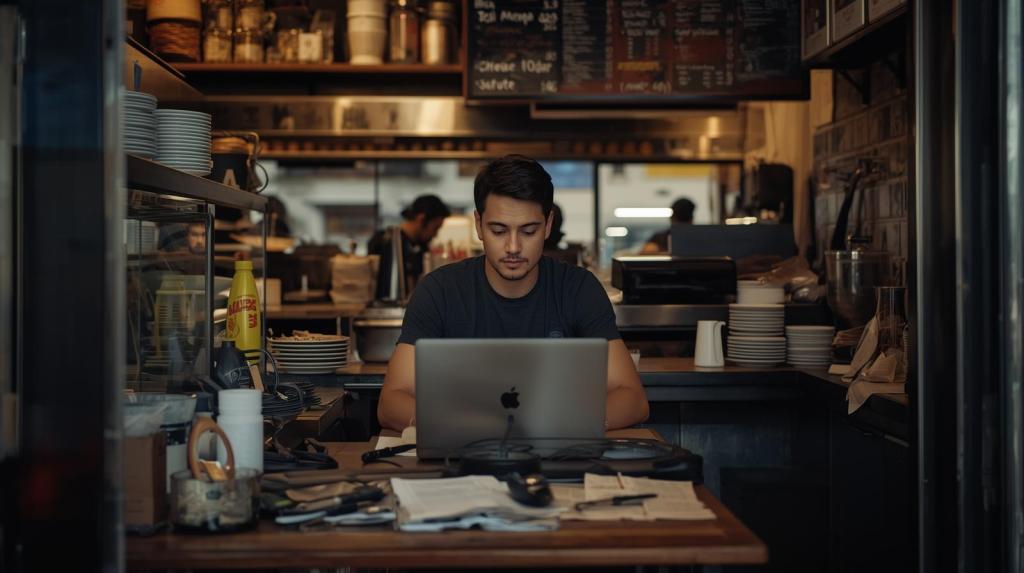 A candid, unposed photograph capturing a restaurant owner or manager engrossed in their work on a laptop, situated behind the bustling counter or at a slightly cluttered table within the establishment. The lighting is warm and natural, highlighting the authentic, everyday atmosphere of the restaurant.