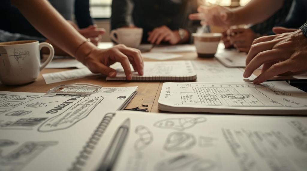 A close-up, eye-level shot capturing a moment of intense team discussion, featuring hands actively gesturing over scattered notebooks filled with sketches and notes, alongside steaming coffee cups. The lighting is warm and focused, highlighting the textured paper and ceramic surfaces, with a shallow depth of field blurring the background to emphasize the intimacy and collaborative flow of the creative process.