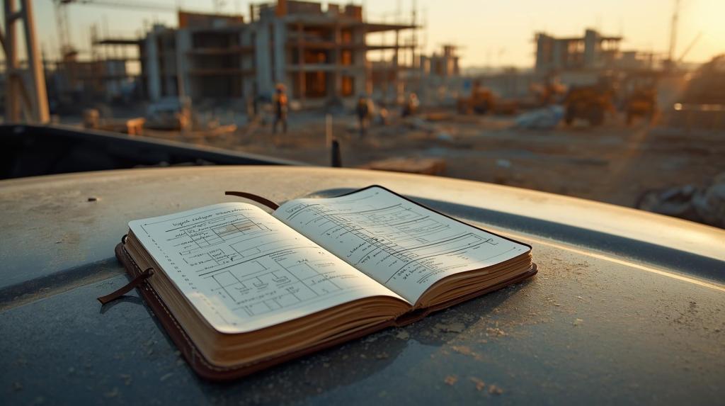 A contractor's worn leather-bound notebook, open to a page filled with hastily scribbled measurements, blueprints, and dark coffee stains, rests on the dusty hood of a pickup truck. The warm, soft glow of early morning light bathes the scene, illuminating the sprawling, unfinished structures of a bustling construction site in the background, complete with scaffolding, piles of lumber, and heavy machinery.