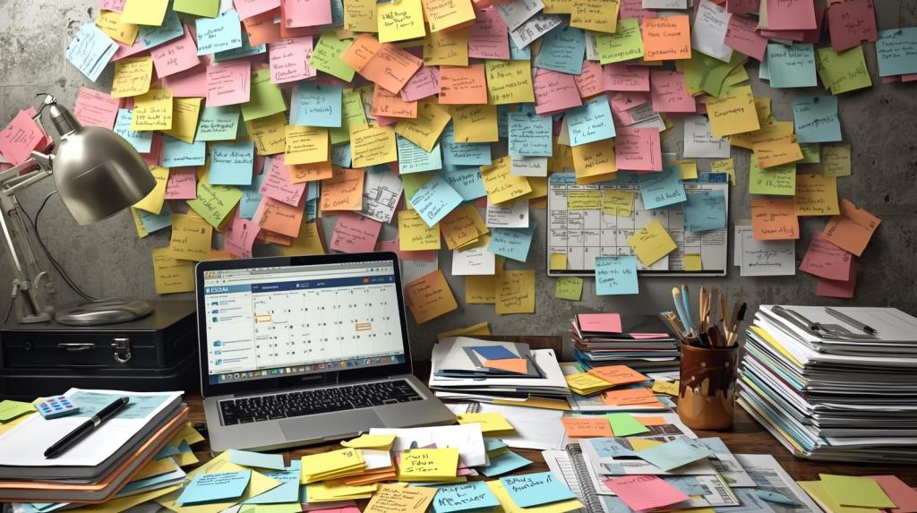 A slightly chaotic, realistic, and unstaged depiction of a crowded desk, featuring an abundance of overlapping sticky notes in various colors, an open laptop screen displaying a multitude of browser tabs, and a wall calendar densely filled with back-to-back meeting entries.