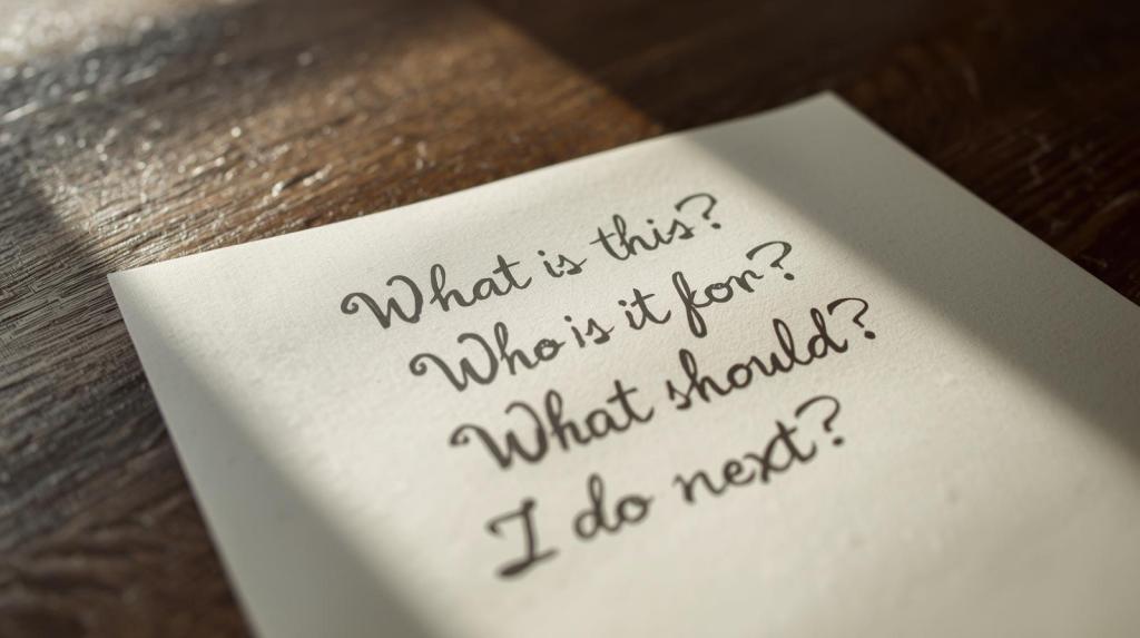 A close-up, grounded shot of a handwritten note on a wooden desk. The note, written in elegant cursive, poses the questions: “What is this? Who is it for? What should I do next?” The scene is bathed in soft, natural light, emphasizing the texture of the paper and the ink, conveying a sense of thoughtful contemplation and human uncertainty.