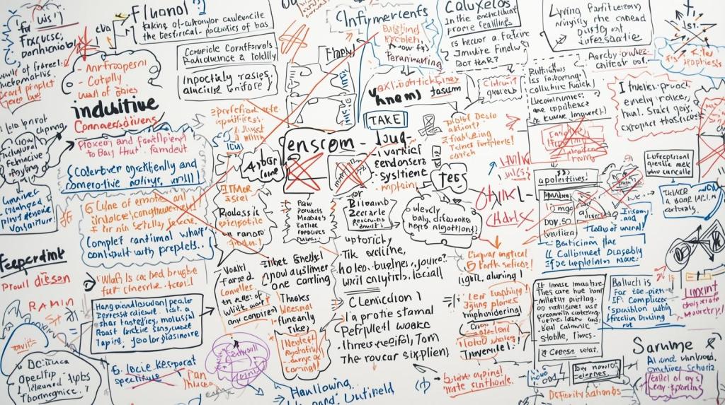 A cluttered whiteboard, filled with a chaotic yet organized jumble of text. Scribbled lines cross out complex jargon, while adjacent to them, simpler, rewritten phrases attempt to clarify the ideas. Numerous arrows connect different sections, illustrating a flow of thought, and hand-drawn diagrams, rough sketches of concepts, populate the remaining space. The overall impression is one of active brainstorming and problem-solving, showcasing the organic, unpolished process of developing an idea rather than a pristine final outcome.