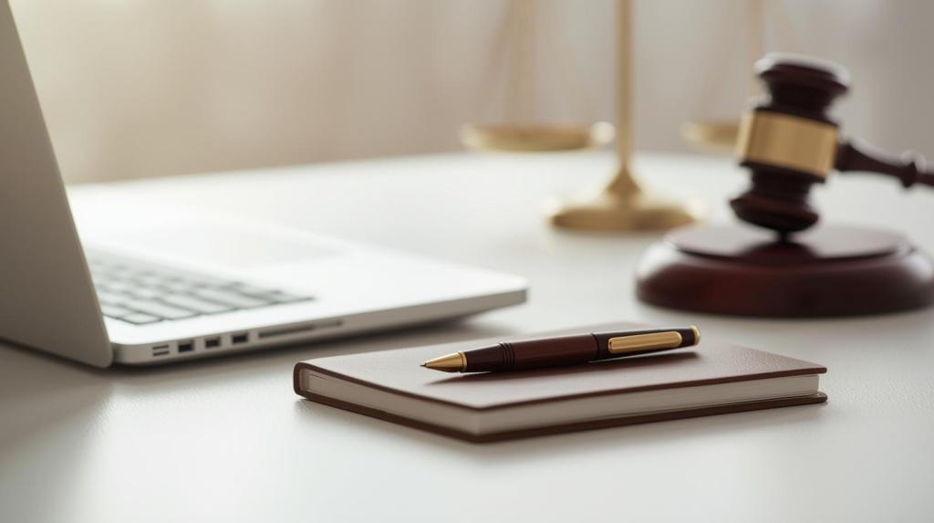 A minimalist law office desk surfaces with an open laptop, a leather-bound notebook, and a fountain pen neatly placed, bathed in soft, natural light. The scene evokes a calm and grounded atmosphere, deliberately avoiding any flashy or dramatic elements. In the blurred background, a wooden gavel rests beside a brass scale of justice, subtly reinforcing the professional setting.