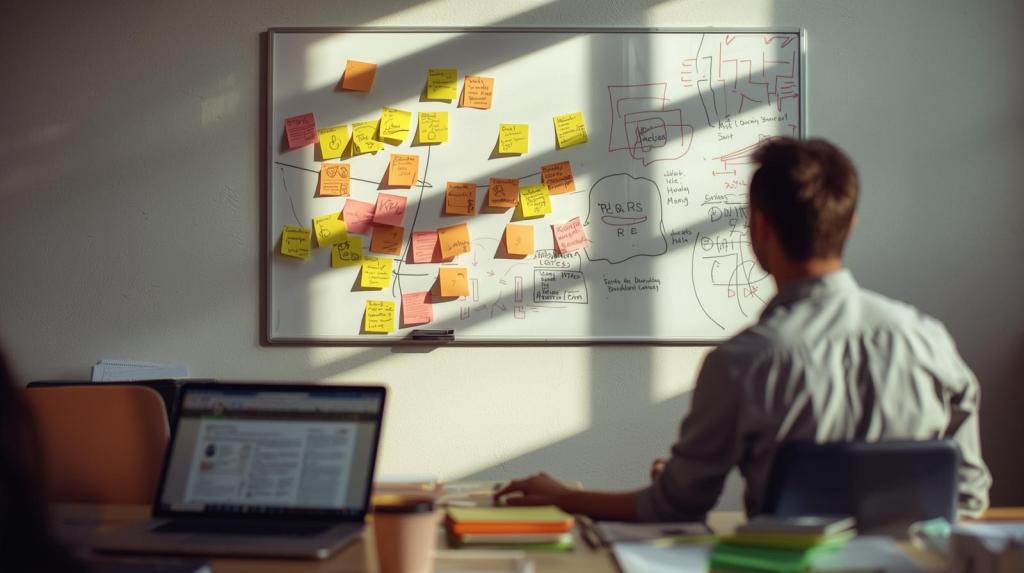 A candid, slightly chaotic, realistic modern office scene bathed in soft natural light, featuring overlapping colorful sticky notes, half-erased whiteboard diagrams with intricate scribbles, and open laptops displaying conflicting documents, captured in a medium shot.