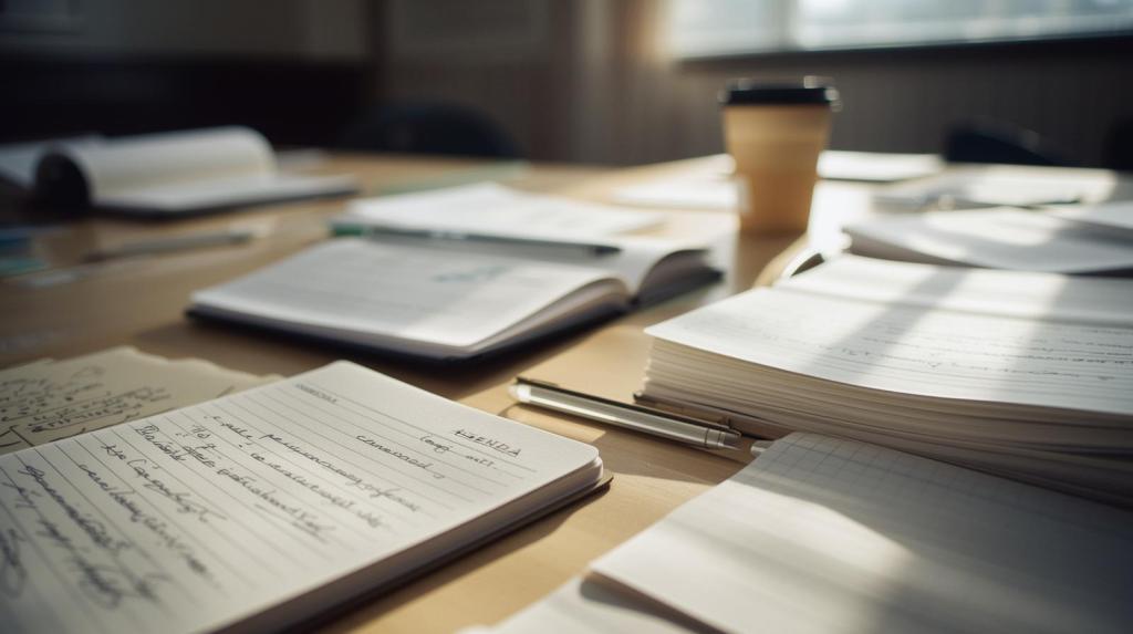 A natural, documentary-style photo of a conference table after a meeting: open notebooks, a printed agenda with handwritten notes, a few coffee cups, soft daylight from a nearby window, slightly imperfect and lived-in rather than staged