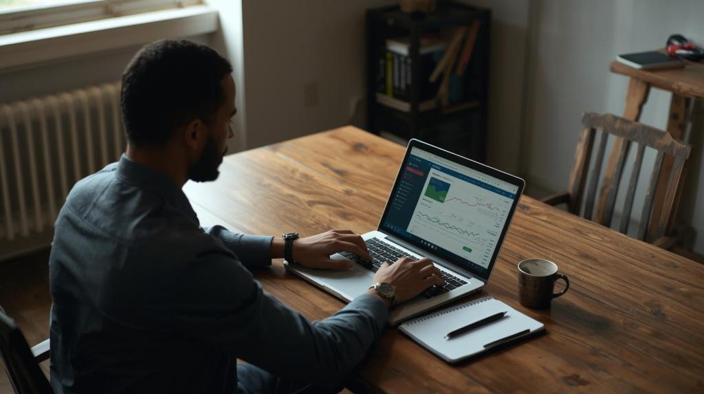 A realistic, documentary-style photograph captures a person seated at a wooden desk in a non-corporate setting, bathed in soft, natural light. The individual is calmly reviewing financial information displayed on an open laptop, with a notebook and pen placed nearby. The scene evokes a sense of focused concentration and quiet efficiency.