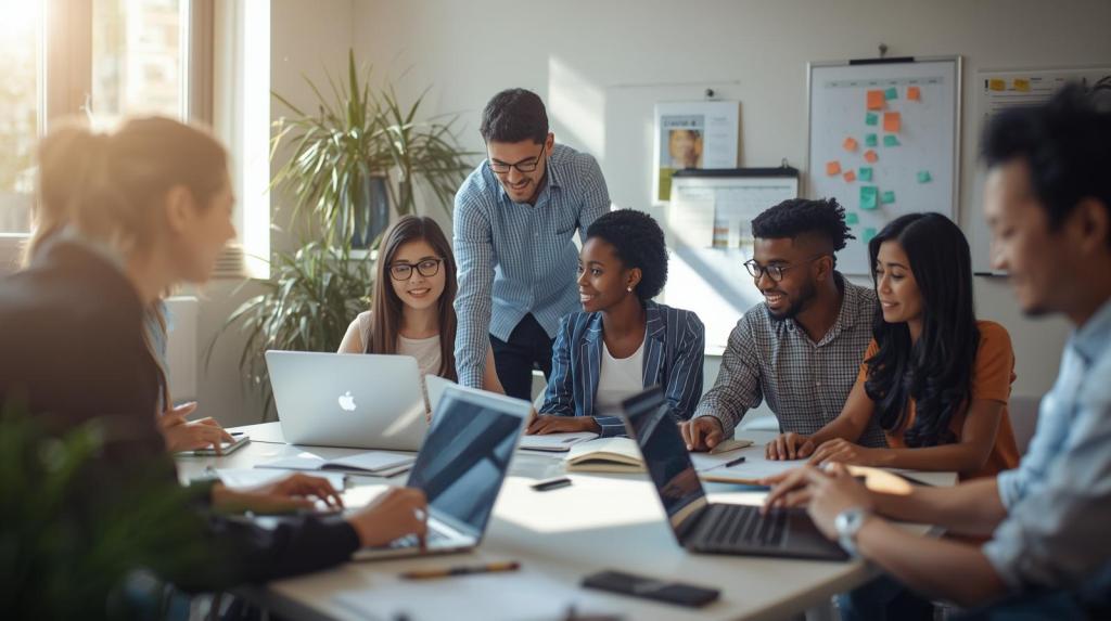 A realistic photograph of an HR or People Operations team, composed of diverse individuals, working collaboratively at laptops in a bright office setting. Notes, open files, and calendars are visible on desks and walls, suggesting active work. The atmosphere is one of focused collaboration, illuminated by natural light streaming in from a nearby window, with a medium shot framing the scene.