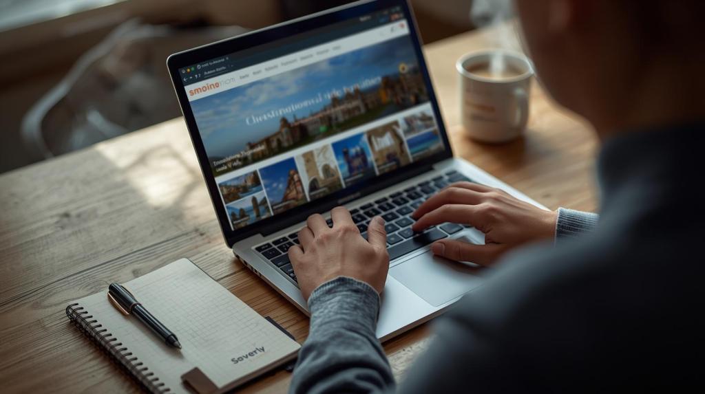 A realistic, high-detail photograph captures a person engrossed in browsing a destination guide on an open laptop. A notebook and a steaming mug of coffee are placed nearby on a wooden surface. The scene is illuminated by soft, natural light, creating a relaxed and thoughtful atmosphere, with a shallow depth of field framing the subject.