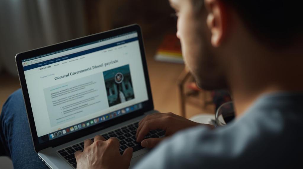 A realistic, medium shot photograph of an individual engrossed in reading a government website on a laptop at home, their expression conveying deep thought. The scene is bathed in soft, natural light, creating an everyday, cozy atmosphere. The laptop screen clearly displays a generic, informative government webpage, with crisp text and official seals visible.