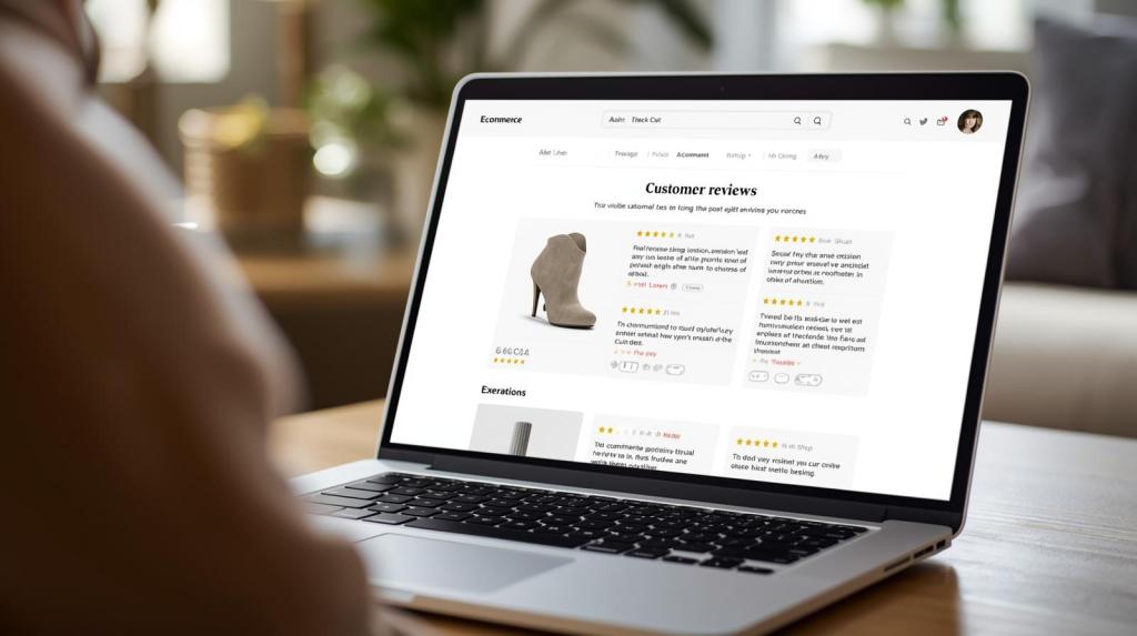 A photorealistic depiction of an ecommerce website displayed on an open laptop screen, showcasing visible customer reviews with star ratings and text excerpts. The layout is clean and neutral, presented within an everyday home environment bathed in soft, natural light, creating an inviting and authentic atmosphere.