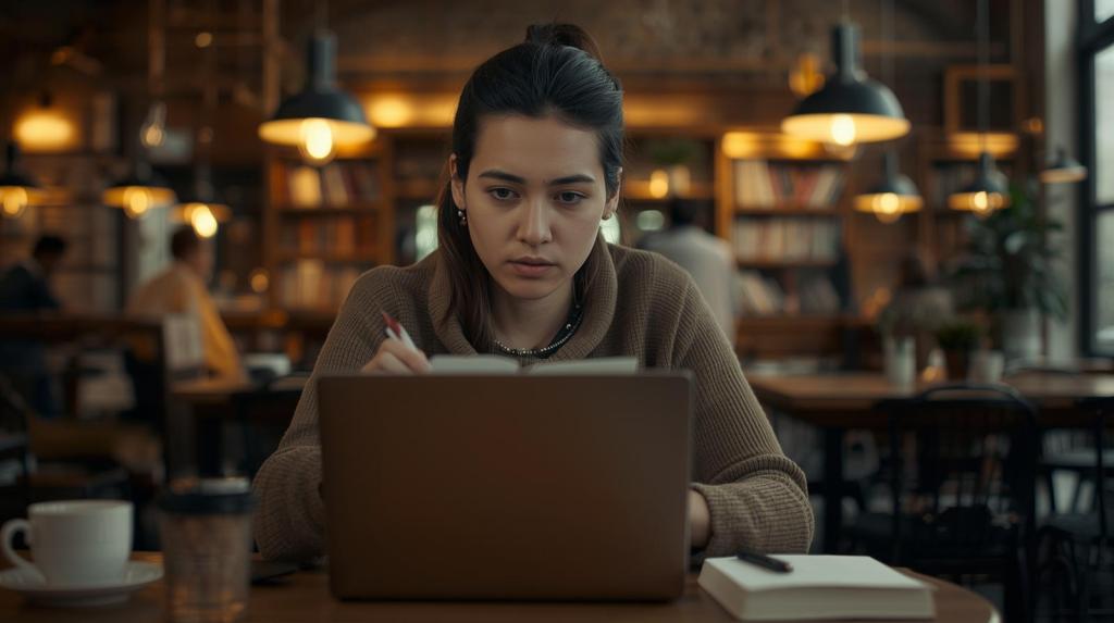 A realistic, approachable, and non-intimidating image of a person engrossed in reading a research article on a laptop. The setting is a cozy, everyday environment such as a warm home study, a quiet corner of a bustling café with soft lighting, or a serene library bathed in natural light. The focus is on the candid moment of study, with the person's expression indicating concentration and engagement with the material.