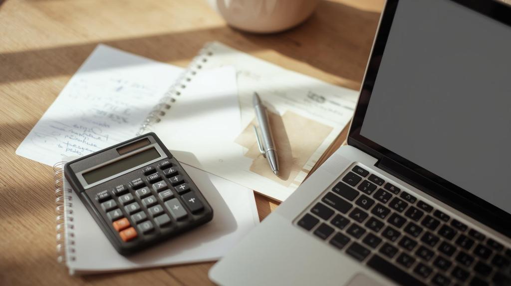 A simple, approachable budgeting workspace bathed in soft, natural light. Handwritten notes with gentle scribbles, a vintage calculator with clearly visible buttons, and an open laptop displaying a minimalist, uncluttered interface are artfully arranged on a wooden desk. The focus is on these tangible elements, with no dominating spreadsheets visible. The overall aesthetic is warm, organized, and inviting.