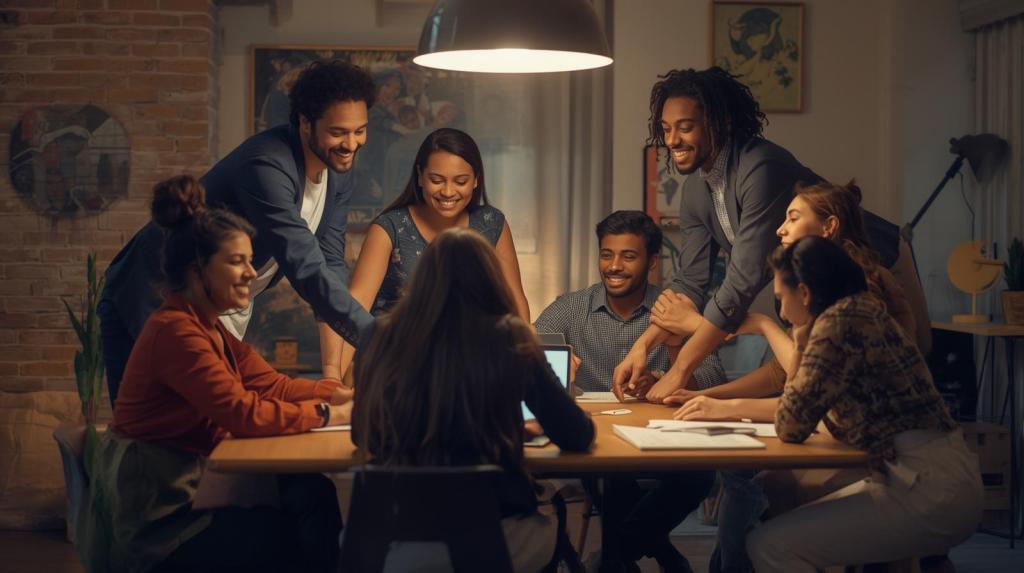 A diverse team of people collaborating seamlessly around a work table, some seated and others standing. The atmosphere is warm and comforting, capturing a candid, unposed moment of natural motion and harmonious alignment. The scene is depicted in a casual, observational style, emphasizing genuine interaction over staged drama.