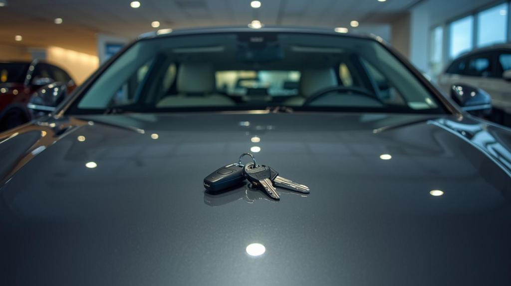 A subtle, brightly lit dealership showroom scene. A sleek, modern car is prepared for a test drive, with gleaming keys resting on its polished hood. The interior is immaculate and visible, showcasing plush seating and a clean dashboard. The atmosphere is anticipatory and welcoming, with soft ambient lighting, avoiding any pushy sales tactics. The perspective is a medium shot, capturing the car and its immediate surroundings.
