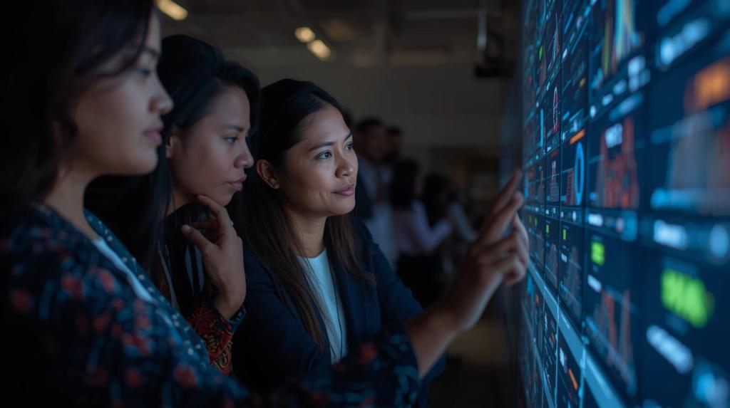 A group of Pacific Islander women collaboratively examining complex data displayed on a large, illuminated screen. Their expressions convey deep thought and discussion, highlighting a human-centric approach to interpreting information rather than relying solely on automation. The scene is professional and focused, with subtle ambient lighting that casts a warm glow on their faces and the intricate patterns of the data.