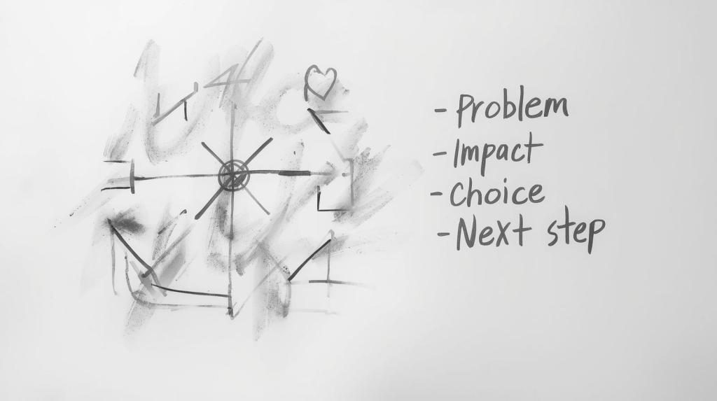 A slightly smudged, matte white whiteboard displaying a complex, hand-drawn diagram. Portions of the diagram are visibly erased, creating a soft, faded effect. A clear, handwritten sequence remains prominent: "Problem → Impact → Choice → Next step." The handwriting is imperfect and natural, suggesting quick note-taking.
