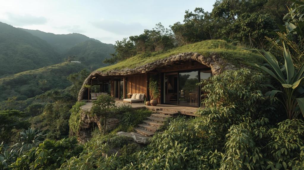 An eco-lodge seamlessly integrated into a lush, verdant landscape, constructed entirely from natural, sustainable materials such as reclaimed wood, local stone, and living vegetation. The architecture harmonizes with the rolling hills and dense foliage, featuring organic shapes and earthy tones. Soft, diffused natural light illuminates the interior, highlighting the textures of the materials. The scene is captured with a wide-angle lens, emphasizing the lodge's connection to its environment, a serene and harmonious composition.