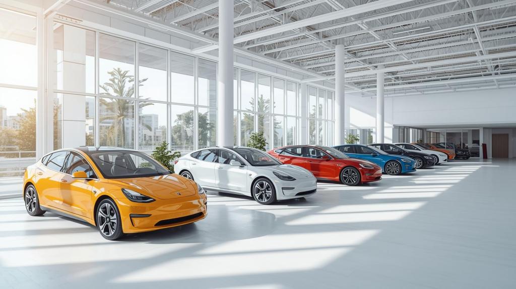 A bright, contemporary electric vehicle dealership showroom bathed in abundant natural light streaming through large windows. The space features a minimalist aesthetic with subtle, tasteful signage. A diverse array of vehicles, each in a distinct, eye-catching color, are artfully spaced throughout the showroom, highlighting their sleek designs.