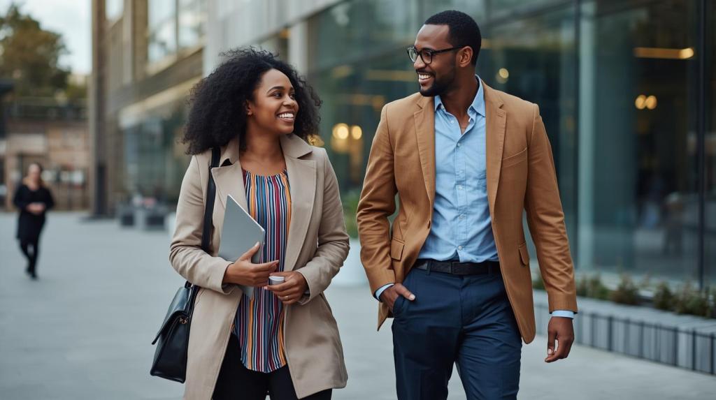 Two colleagues of different races walking casually outdoors after a meeting, engaged in conversation about strategy rather than a formal presentation, with no visible laptops or conference room elements.