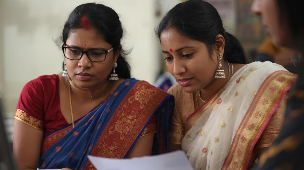 Two Indian women are seated side by side, attentively looking at the same document or screen. The scene is captured in a candid, collaborative atmosphere with no visible hierarchy, suggesting a shared focus and teamwork.
